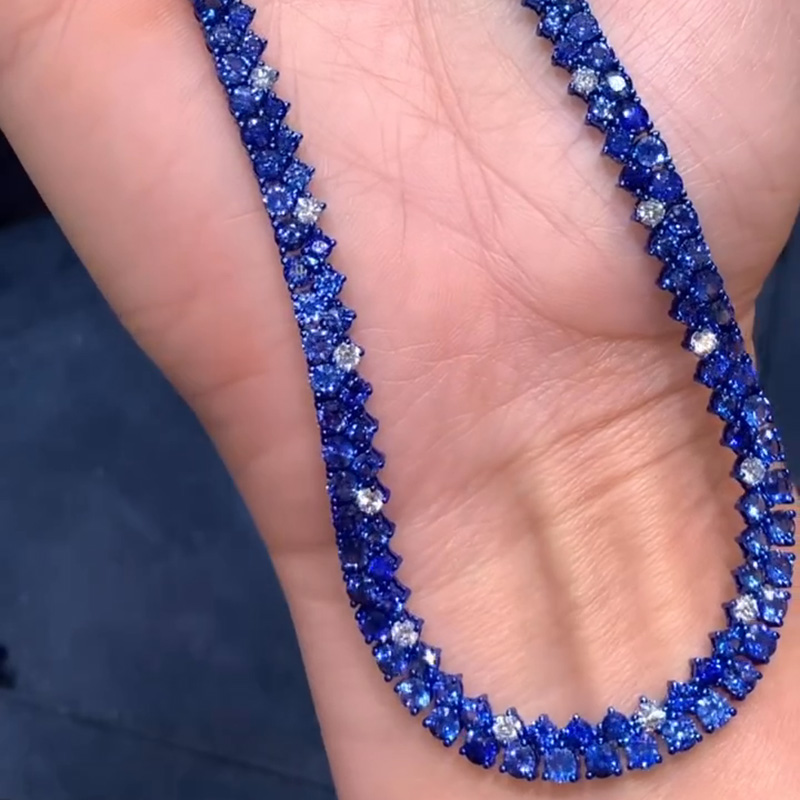 25ctw Round Cut Blue & White Sapphire Classic Handmade Necklace
