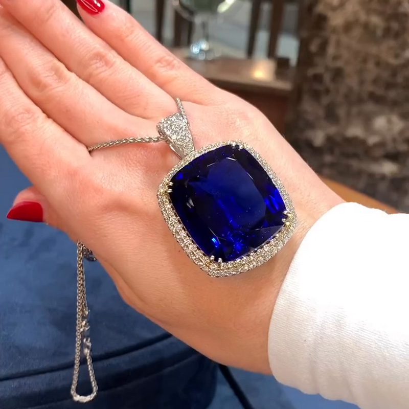 50ct Cushion Cut Blue Sapphire Double Halo Heart Of The Ocean Pendant Necklace