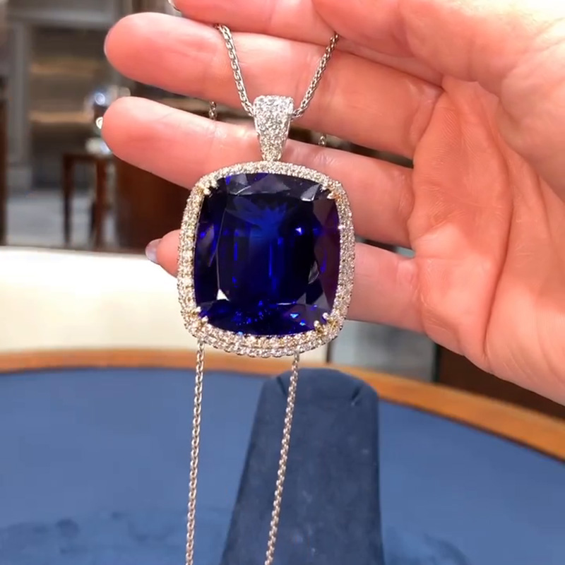 50ct Cushion Cut Blue Sapphire Double Halo Heart Of The Ocean Pendant Necklace