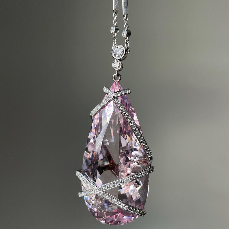 90ct Pear Cut Pink Sapphire With Pave Set Ribbon Handmade Statement Necklace