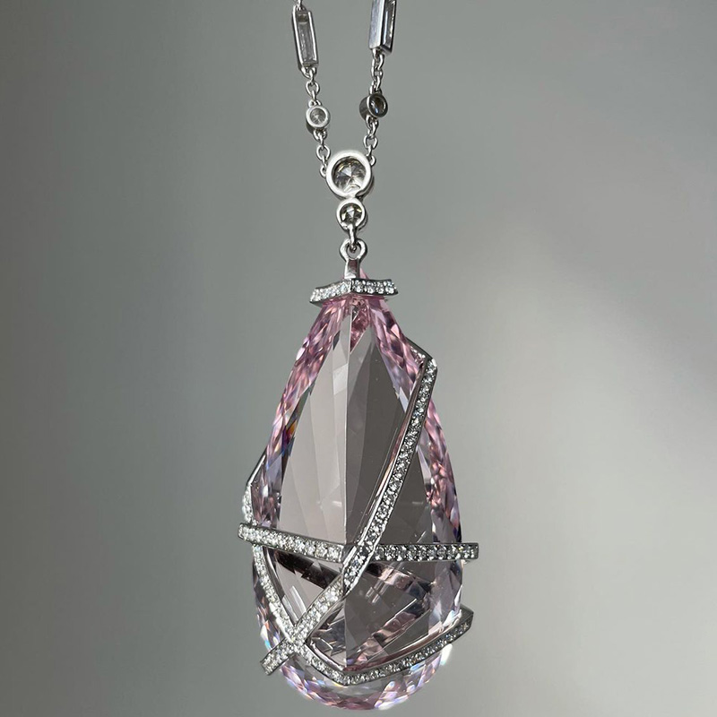 90ct Pear Cut Pink Sapphire With Pave Set Ribbon Handmade Statement Necklace