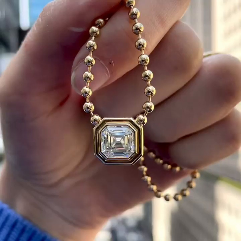 6ct Asscher Cut White Sapphire Double Bubble Bezel Ball Chain Yellow Gold Necklace