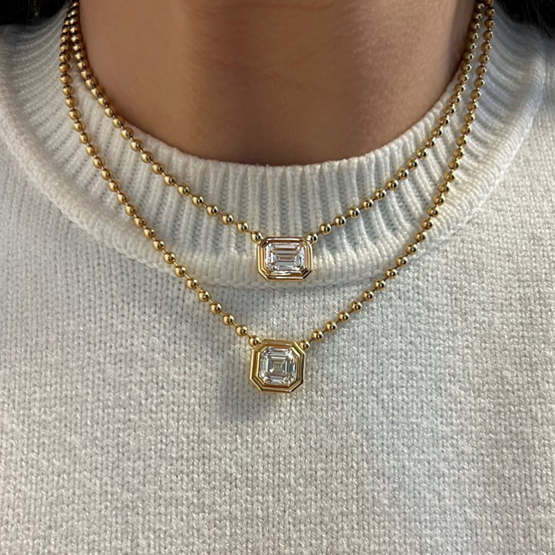 6ct Asscher Cut White Sapphire Double Bubble Bezel Ball Chain Yellow Gold Necklace