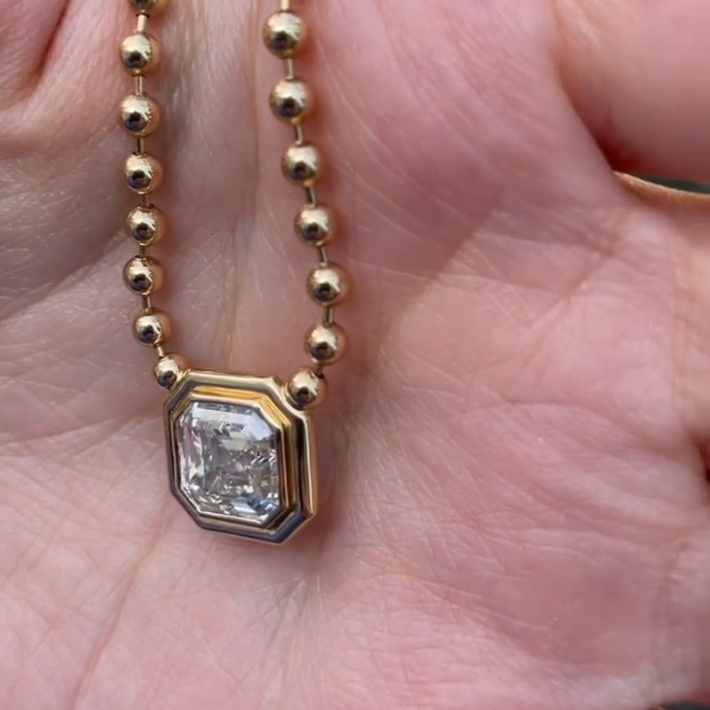 6ct Asscher Cut White Sapphire Double Bubble Bezel Ball Chain Yellow Gold Necklace