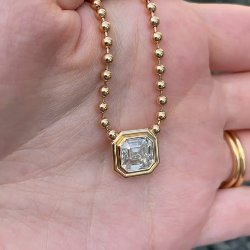 6ct Asscher Cut White Sapphire Double Bubble Bezel Ball Chain Yellow Gold Necklace