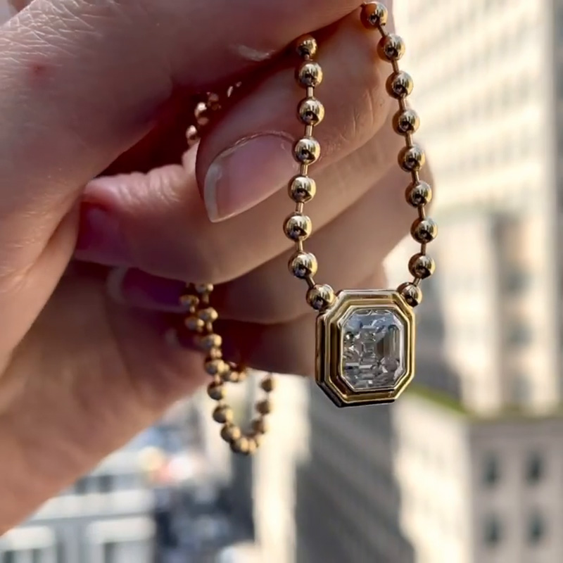 6ct Asscher Cut White Sapphire Double Bubble Bezel Ball Chain Yellow Gold Necklace