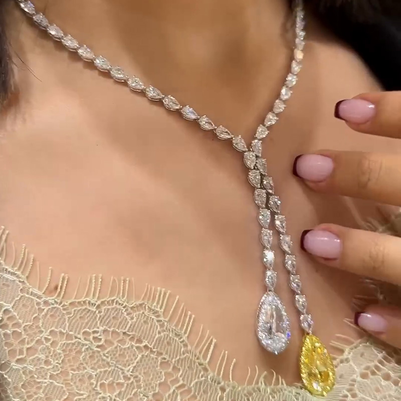 48ctw Pear Cut White & Yellow Sapphire Halo Pendant Handmade Necklace