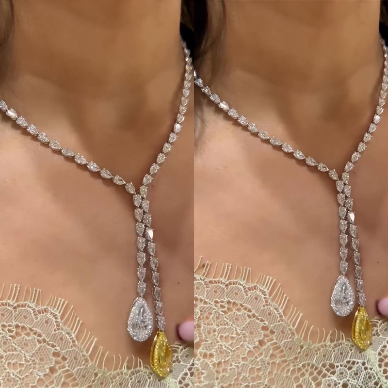 48ctw Pear Cut White & Yellow Sapphire Halo Pendant Handmade Necklace