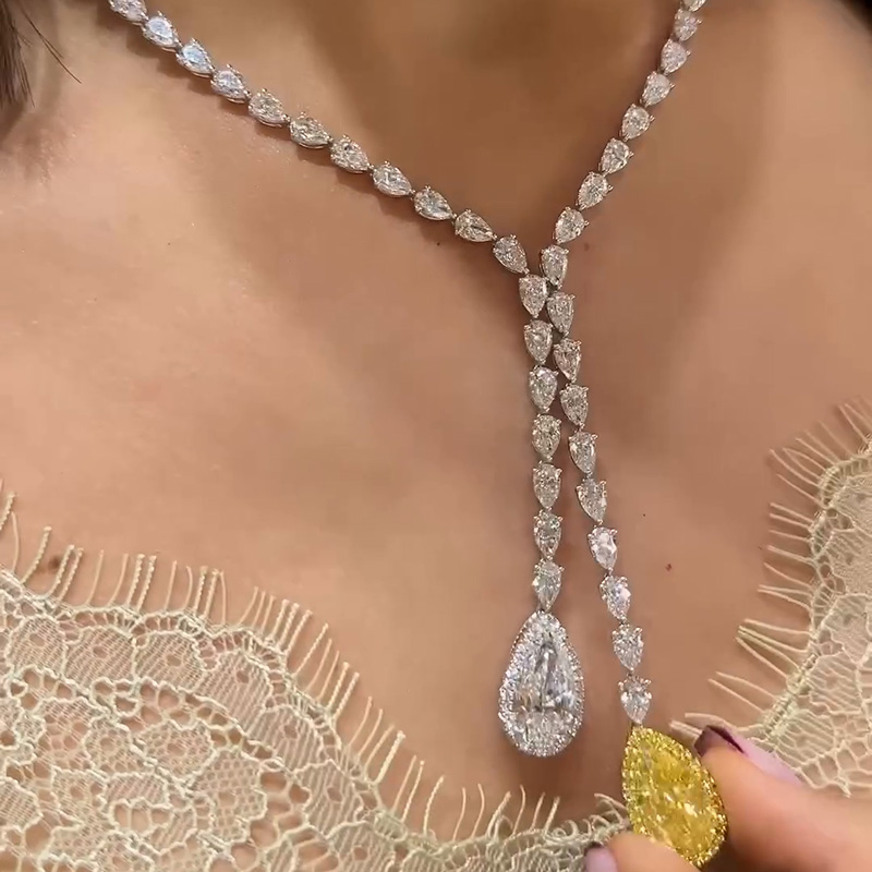 48ctw Pear Cut White & Yellow Sapphire Halo Pendant Handmade Necklace
