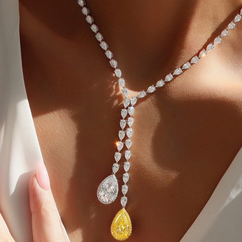 48ctw Pear Cut White & Yellow Sapphire Halo Pendant Handmade Necklace