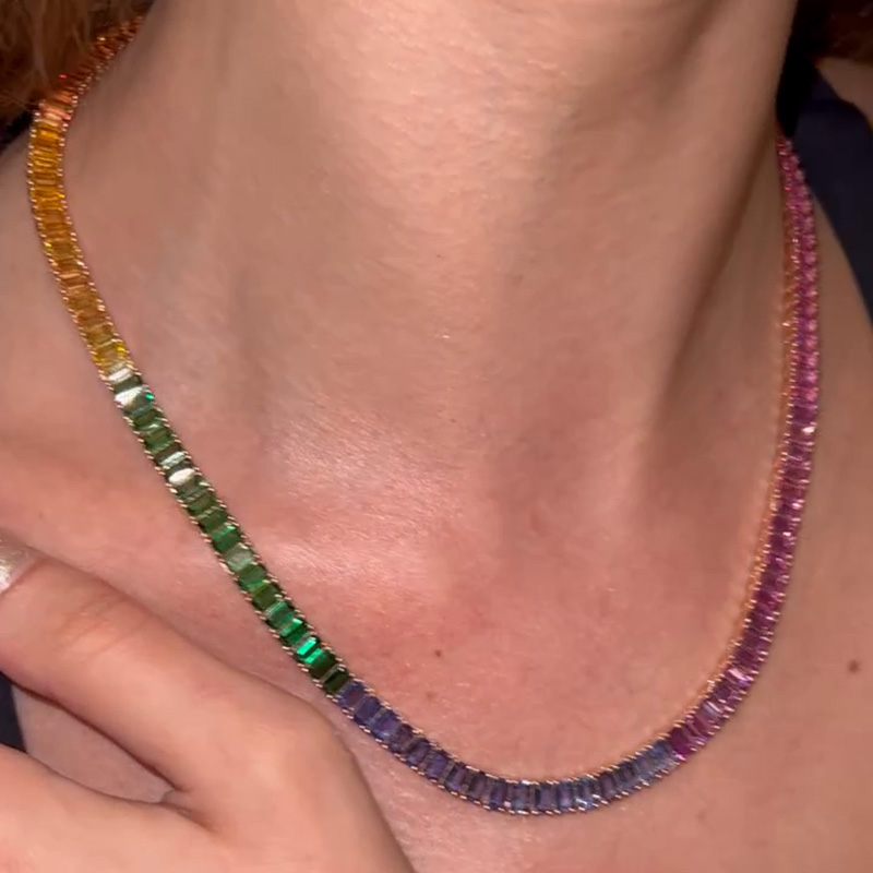 30ctw Emerald Cut Rainbow Sapphire Tennis Necklace