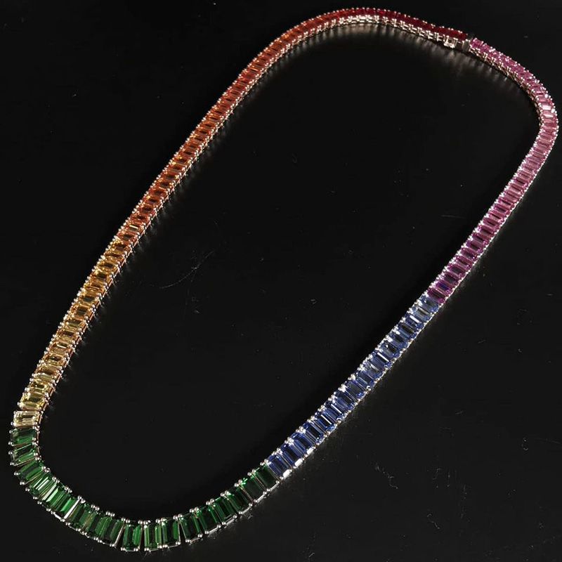 30ctw Emerald Cut Rainbow Sapphire Tennis Necklace