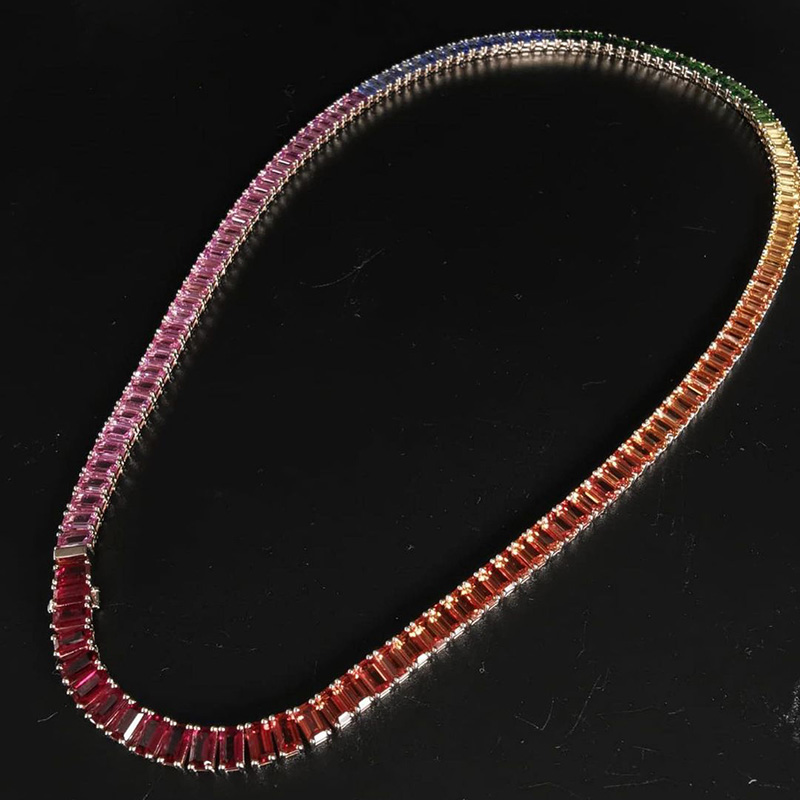 30ctw Emerald Cut Rainbow Sapphire Tennis Necklace
