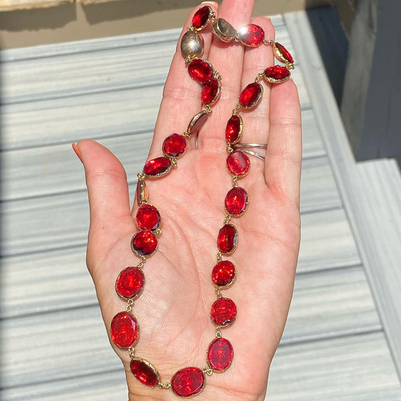 59ctw Oval Cut Ruby Handmade Yellow Gold Rivière Necklace