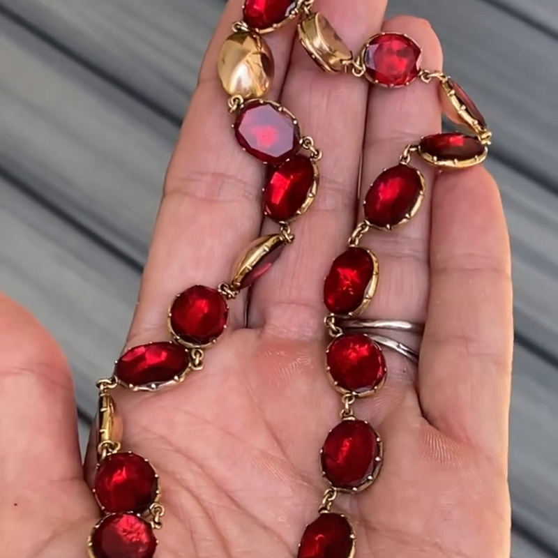 59ctw Oval Cut Ruby Handmade Yellow Gold Rivière Necklace