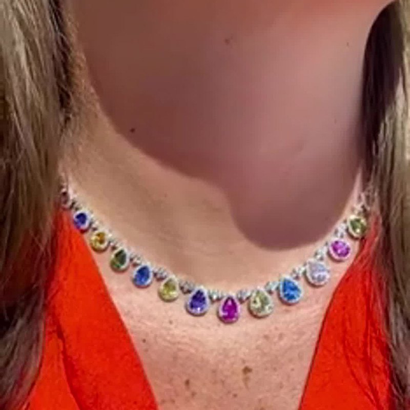 44ctw Pear Cut Rainbow Sapphire Halo Handmade Luxury Necklace