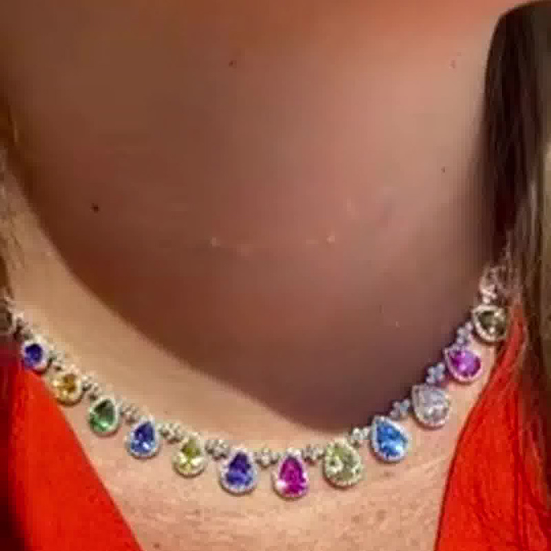 44ctw Pear Cut Rainbow Sapphire Halo Handmade Luxury Necklace