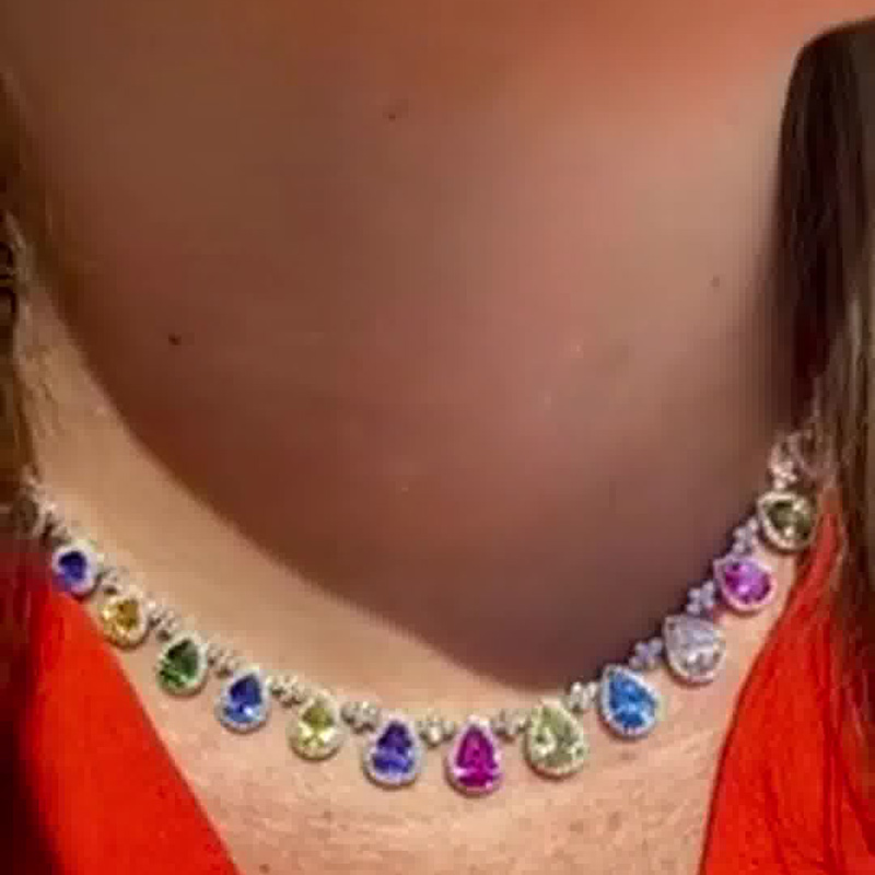 44ctw Pear Cut Rainbow Sapphire Halo Handmade Luxury Necklace