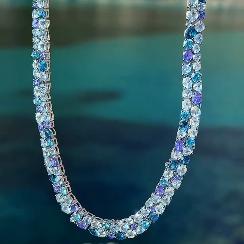 33ctw Round & Pear Cut Aquamarine & Blue Sapphire Summer Vibes Handmade Necklace