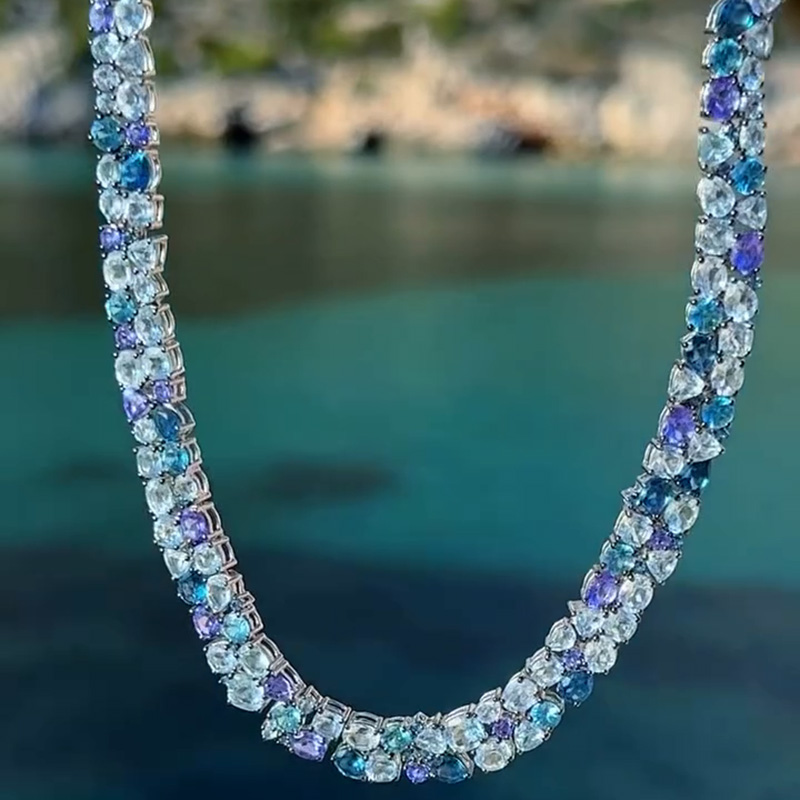 33ctw Round & Pear Cut Aquamarine & Blue Sapphire Summer Vibes Handmade Necklace
