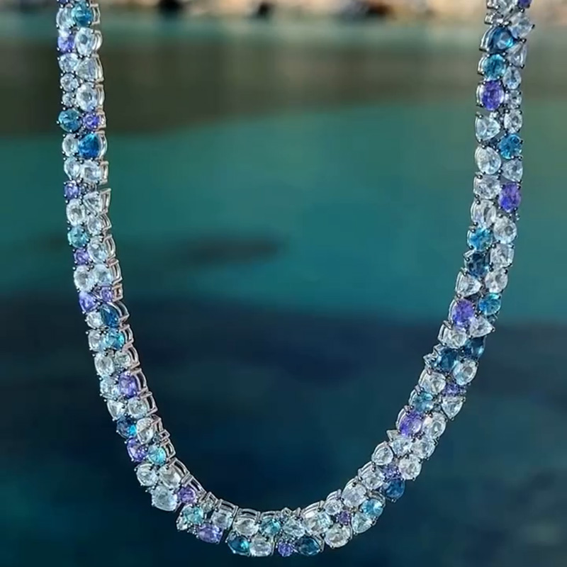 33ctw Round & Pear Cut Aquamarine & Blue Sapphire Summer Vibes Handmade Necklace