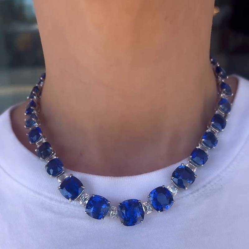 150ctw Cushion Cut Blue Sapphire Handmade Necklace