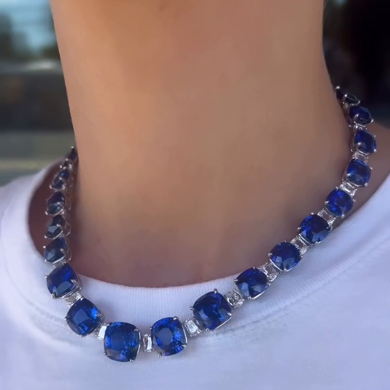 150ctw Cushion Cut Blue Sapphire Handmade Necklace