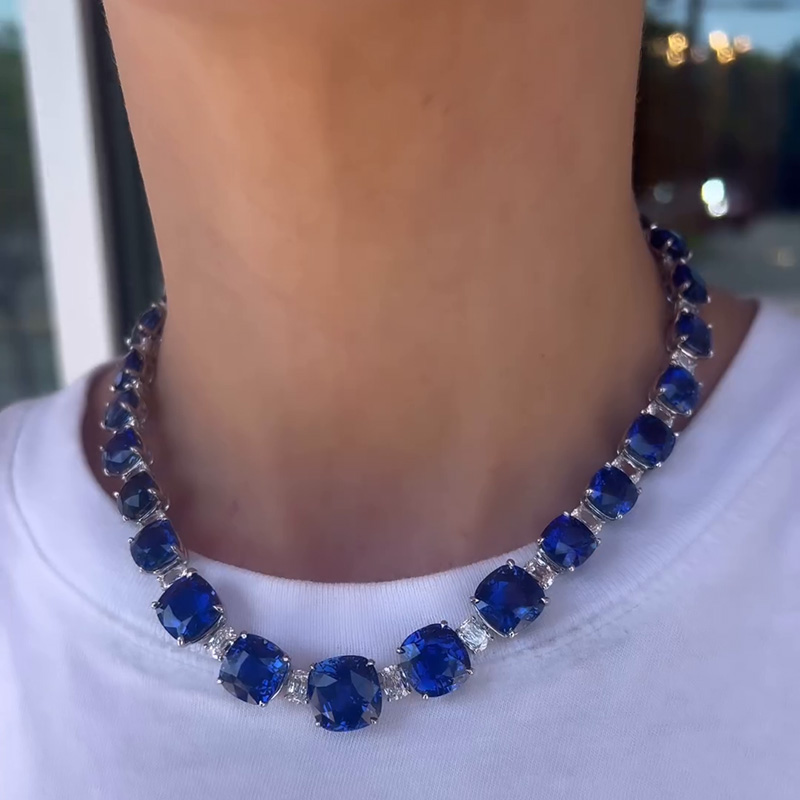 150ctw Cushion Cut Blue Sapphire Handmade Necklace