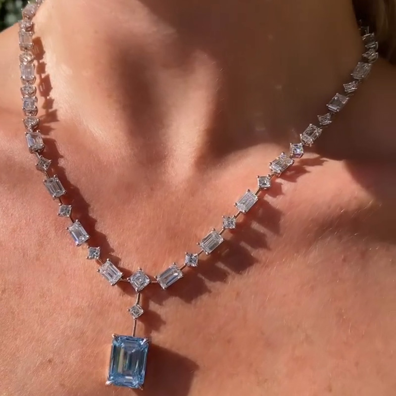 48ctw Emerald Cut Aquamarine Pendant With Multi-Shape Cut White Sapphire Chain Handmade Necklace