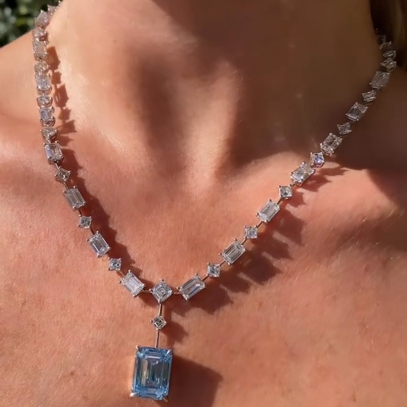 48ctw Emerald Cut Aquamarine Pendant With Multi-Shape Cut White Sapphire Chain Handmade Necklace