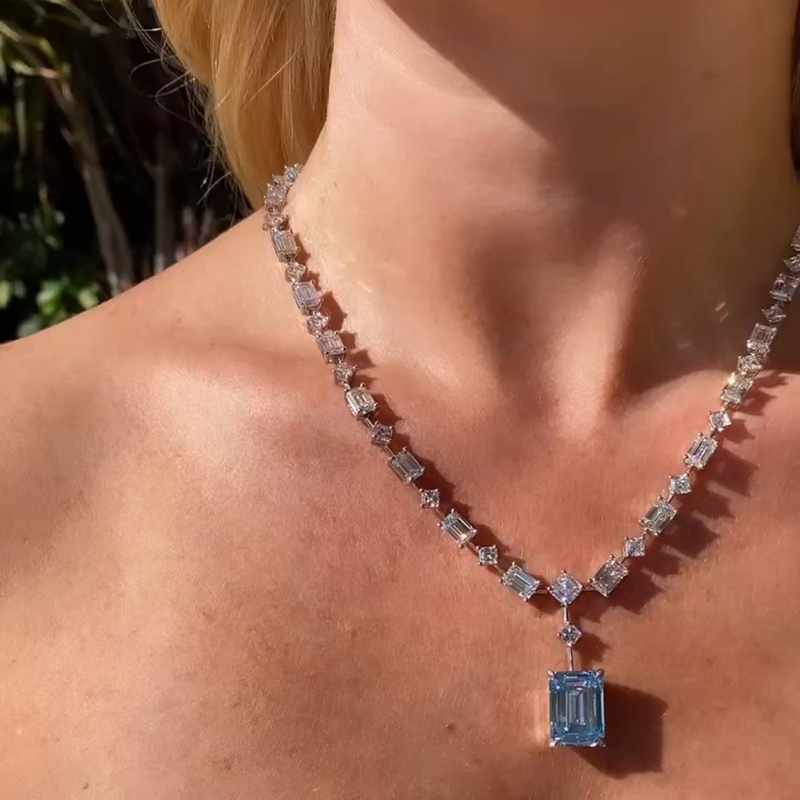 48ctw Emerald Cut Aquamarine Pendant With Multi-Shape Cut White Sapphire Chain Handmade Necklace