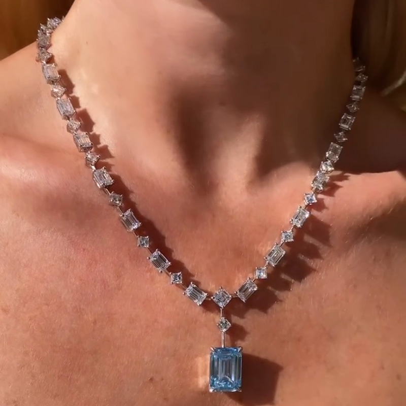 48ctw Emerald Cut Aquamarine Pendant With Multi-Shape Cut White Sapphire Chain Handmade Necklace