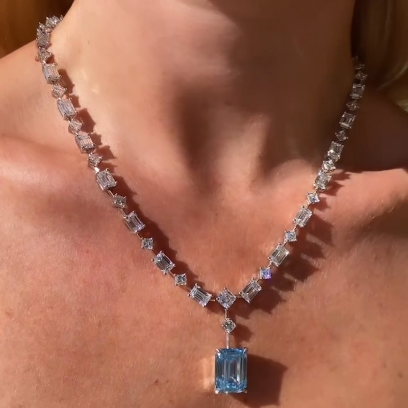48ctw Emerald Cut Aquamarine Pendant With Multi-Shape Cut White Sapphire Chain Handmade Necklace
