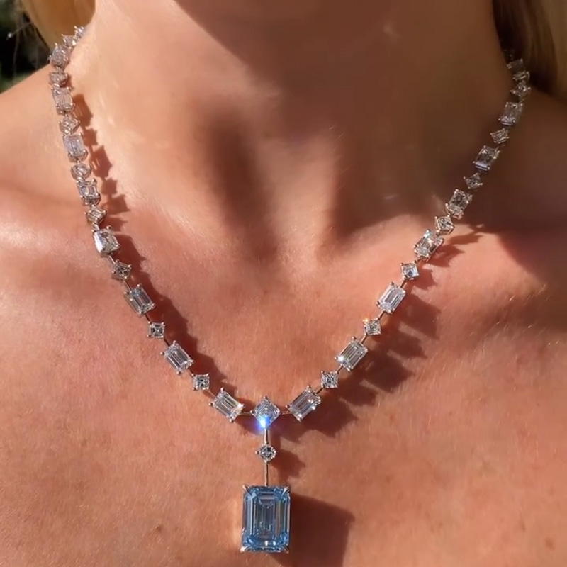 48ctw Emerald Cut Aquamarine Pendant With Multi-Shape Cut White Sapphire Chain Handmade Necklace