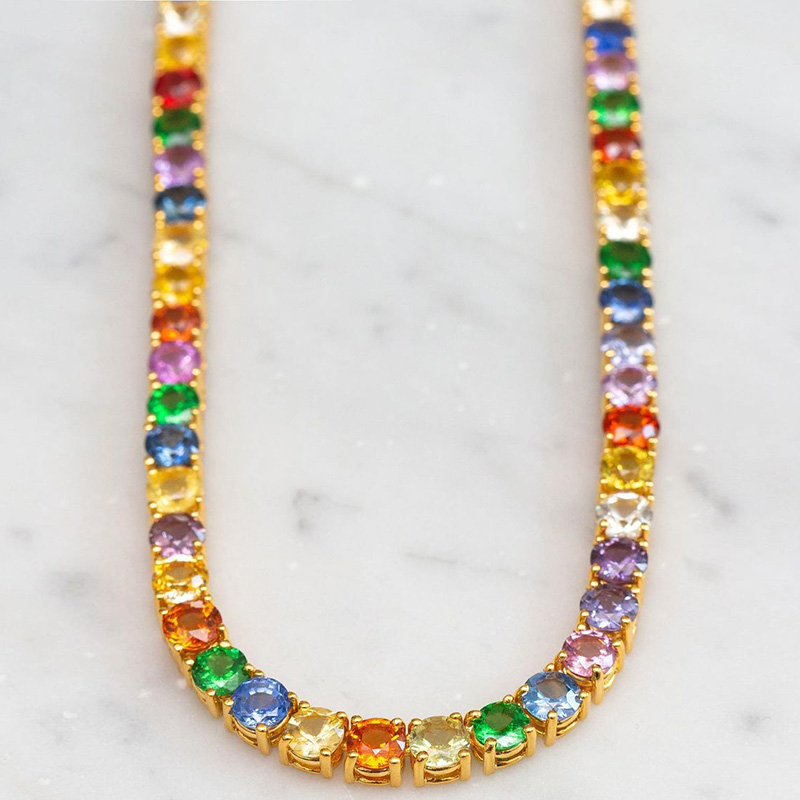 36ctw Round Cut Rainbow Sapphire Handmade Chain Necklace