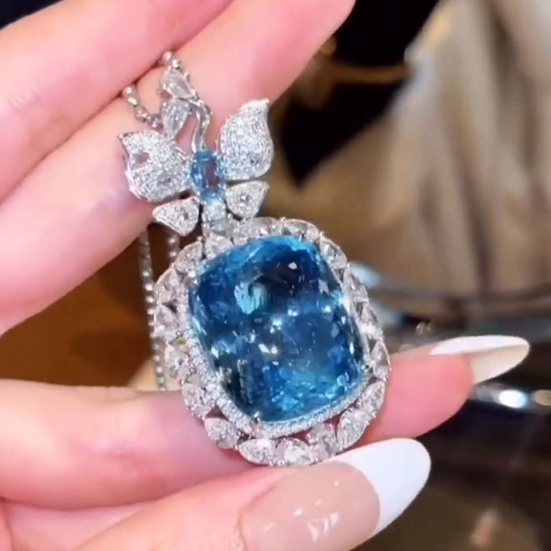 70ct Cushion Cut Aquamarine Handmade Butterfly Necklace