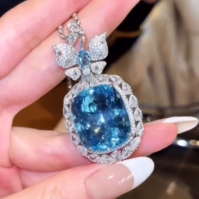 70ct Cushion Cut Aquamarine Handmade Butterfly Necklace
