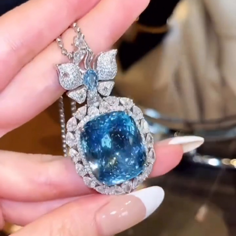 70ct Cushion Cut Aquamarine Handmade Butterfly Necklace