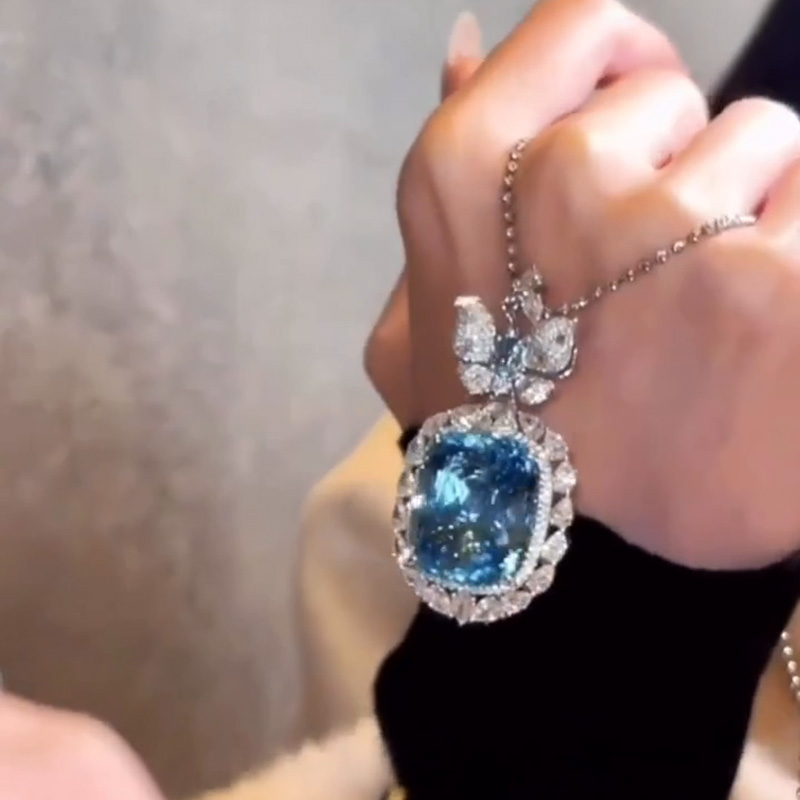 70ct Cushion Cut Aquamarine Handmade Butterfly Necklace