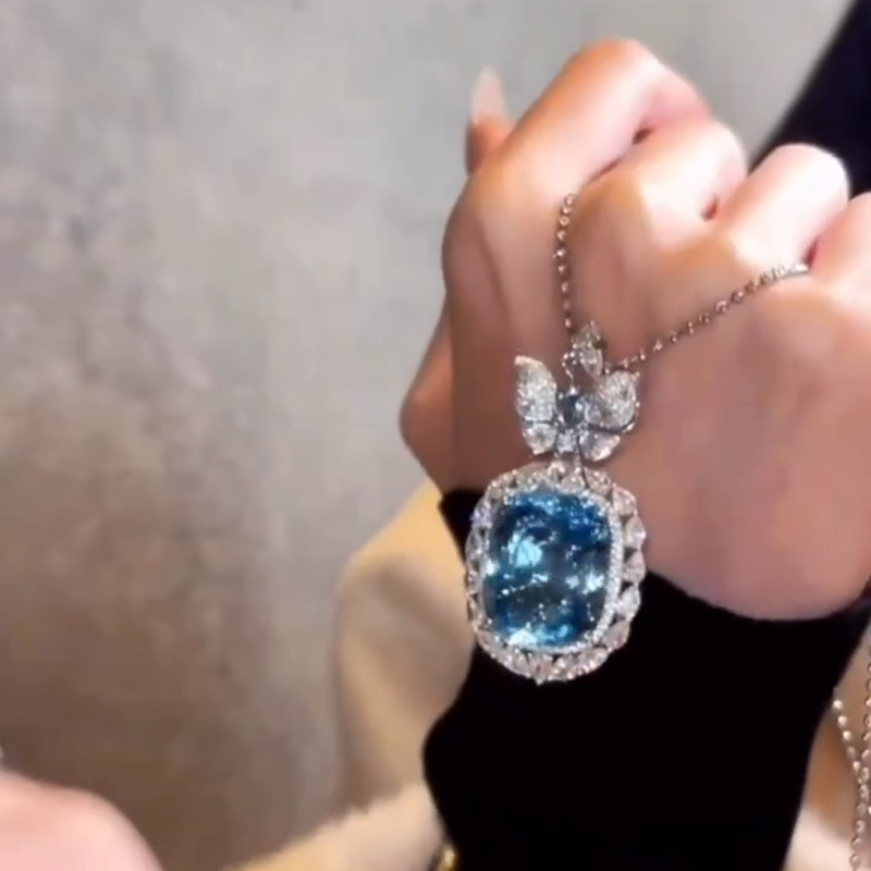 70ct Cushion Cut Aquamarine Handmade Butterfly Necklace