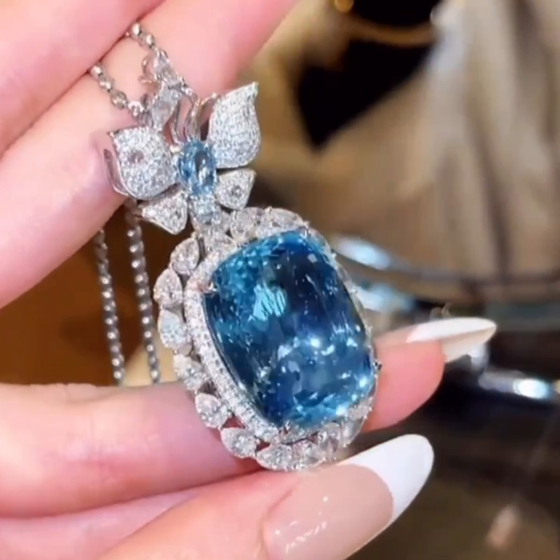 70ct Cushion Cut Aquamarine Handmade Butterfly Necklace