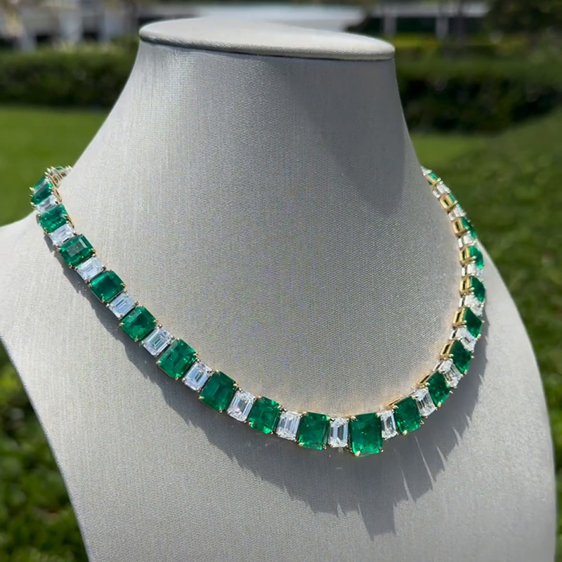105ctw Emerald Cut White Sapphire & Emerald Green Handmade Luxury Necklace