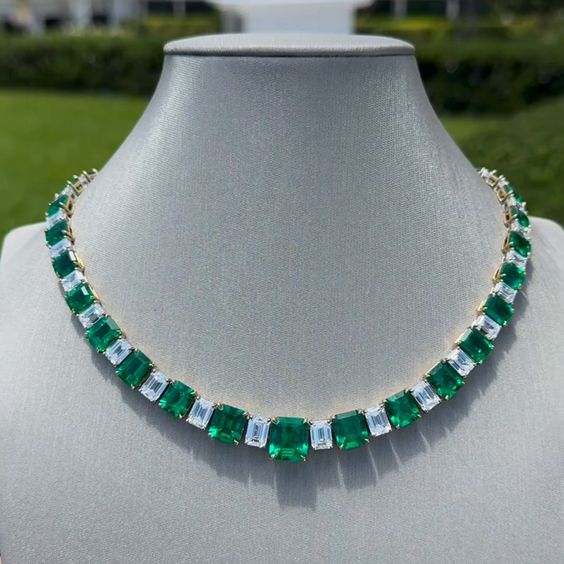105ctw Emerald Cut White Sapphire & Emerald Green Handmade Luxury Necklace