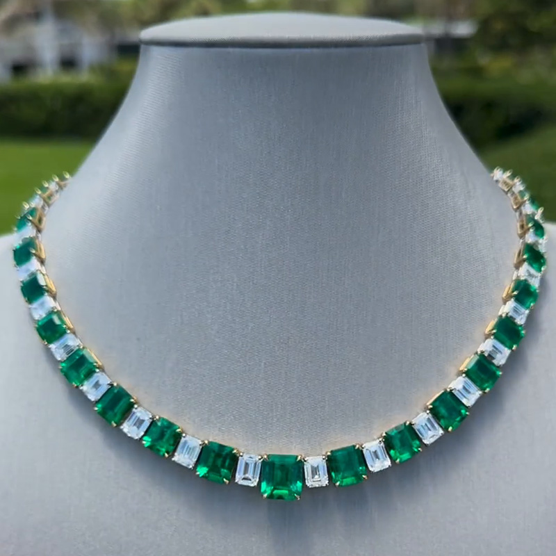 105ctw Emerald Cut White Sapphire & Emerald Green Handmade Luxury Necklace