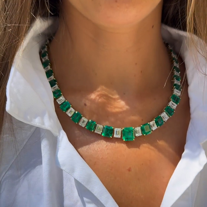 105ctw Emerald Cut White Sapphire & Emerald Green Handmade Luxury Necklace