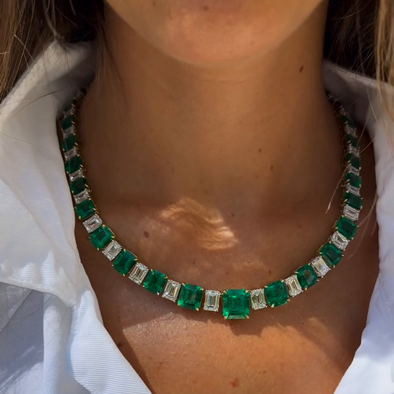 105ctw Emerald Cut White Sapphire & Emerald Green Handmade Luxury Necklace