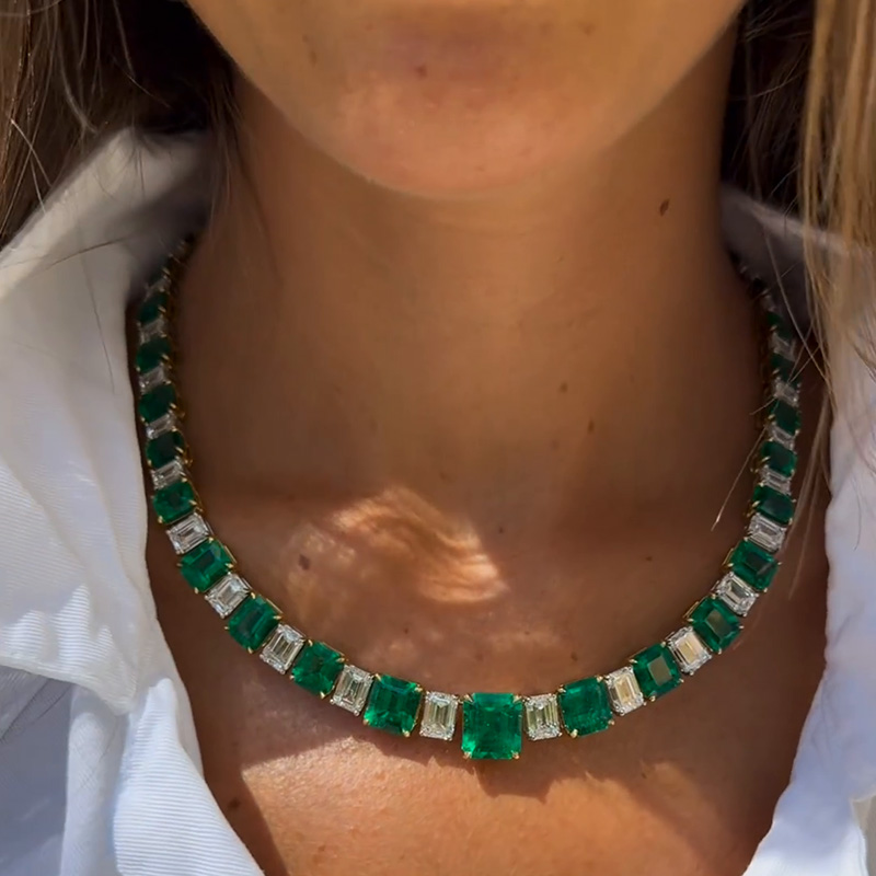 105ctw Emerald Cut White Sapphire & Emerald Green Handmade Luxury Necklace