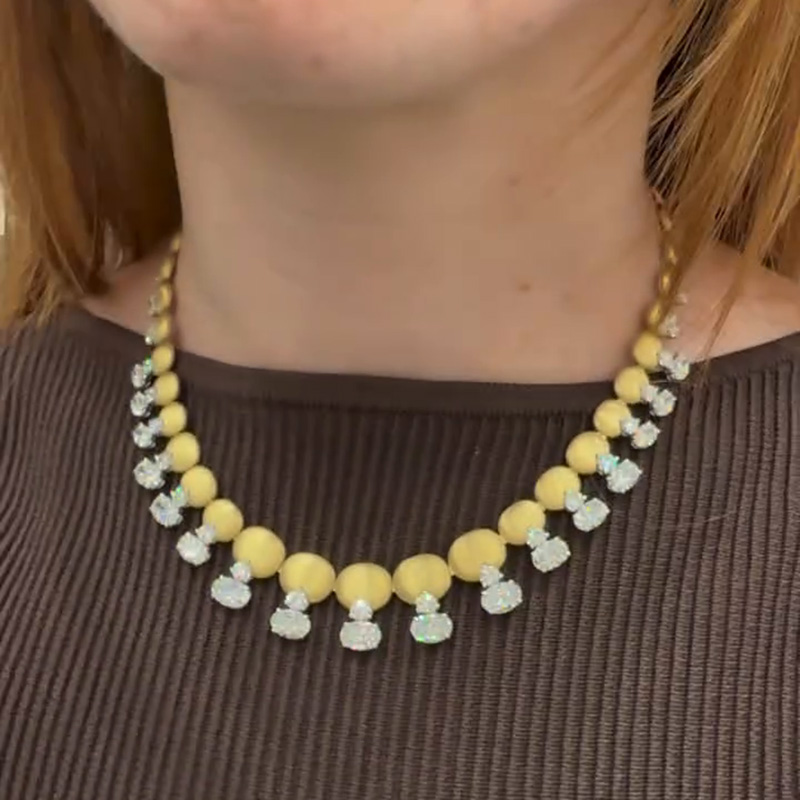 13.3ctw Oval And Round Cut White Sapphire Yellow Gold Handmade Necklace