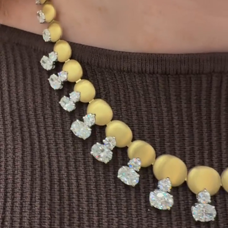 13.3ctw Oval And Round Cut White Sapphire Yellow Gold Handmade Necklace