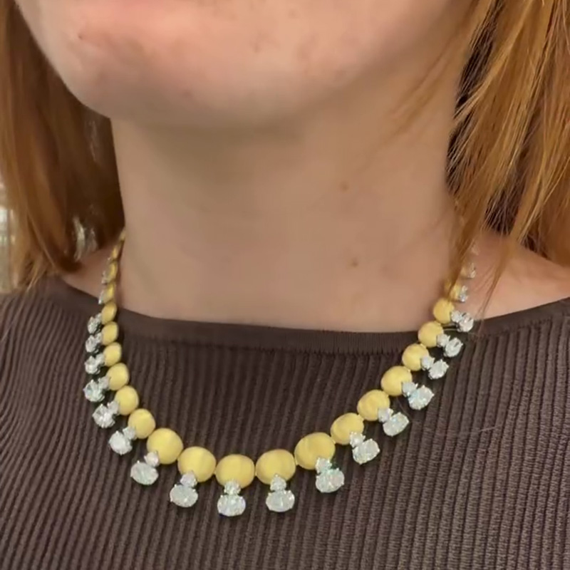 13.3ctw Oval And Round Cut White Sapphire Yellow Gold Handmade Necklace